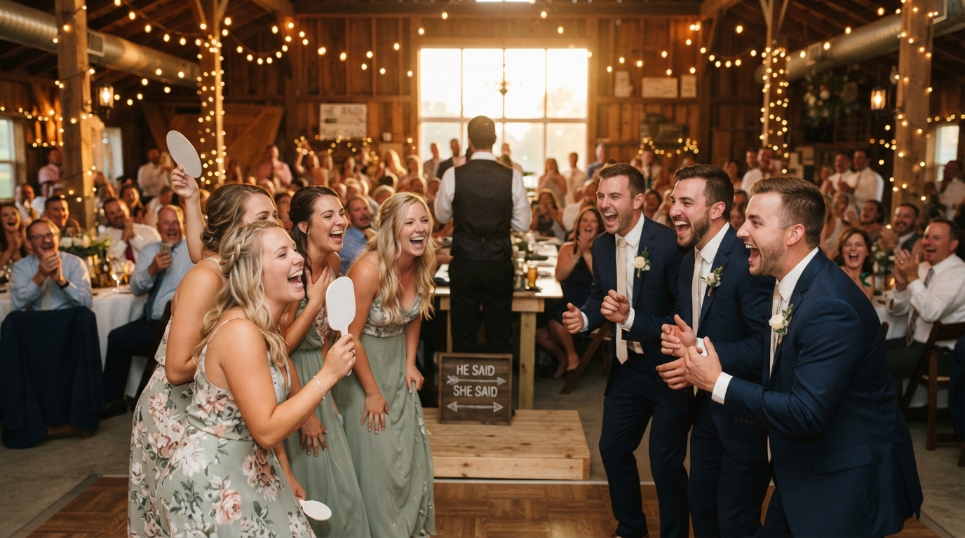 Wedding guests reacting to a live game-show moment at an Iowa reception, bridesmaids versus groomsmen