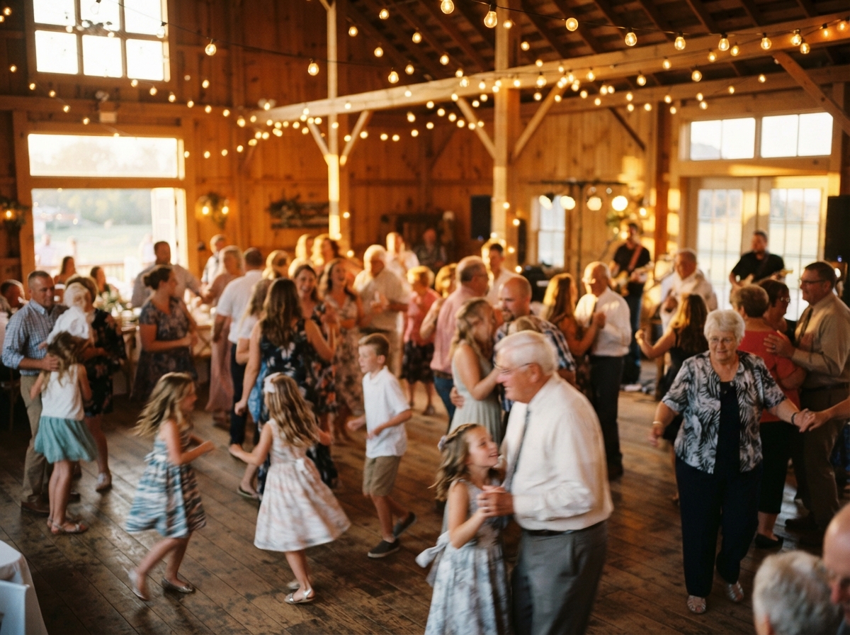 Guests dancing during open dancing at an Iowa wedding reception