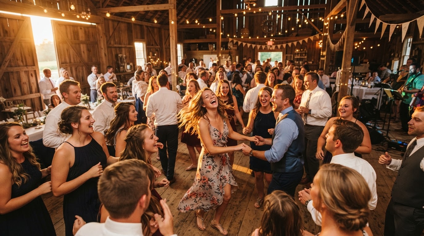 Guests celebrating together on the dance floor at an Iowa wedding reception