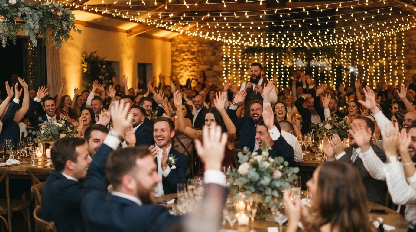Guests engaged during an interactive moment led by the MC at a reception