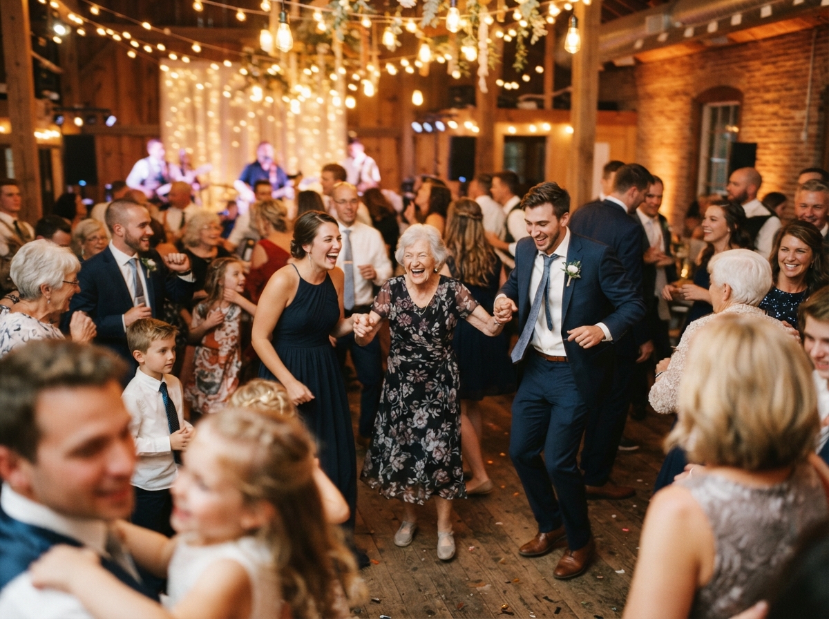 Packed multigenerational wedding dance floor at an Iowa reception under warm string lights
