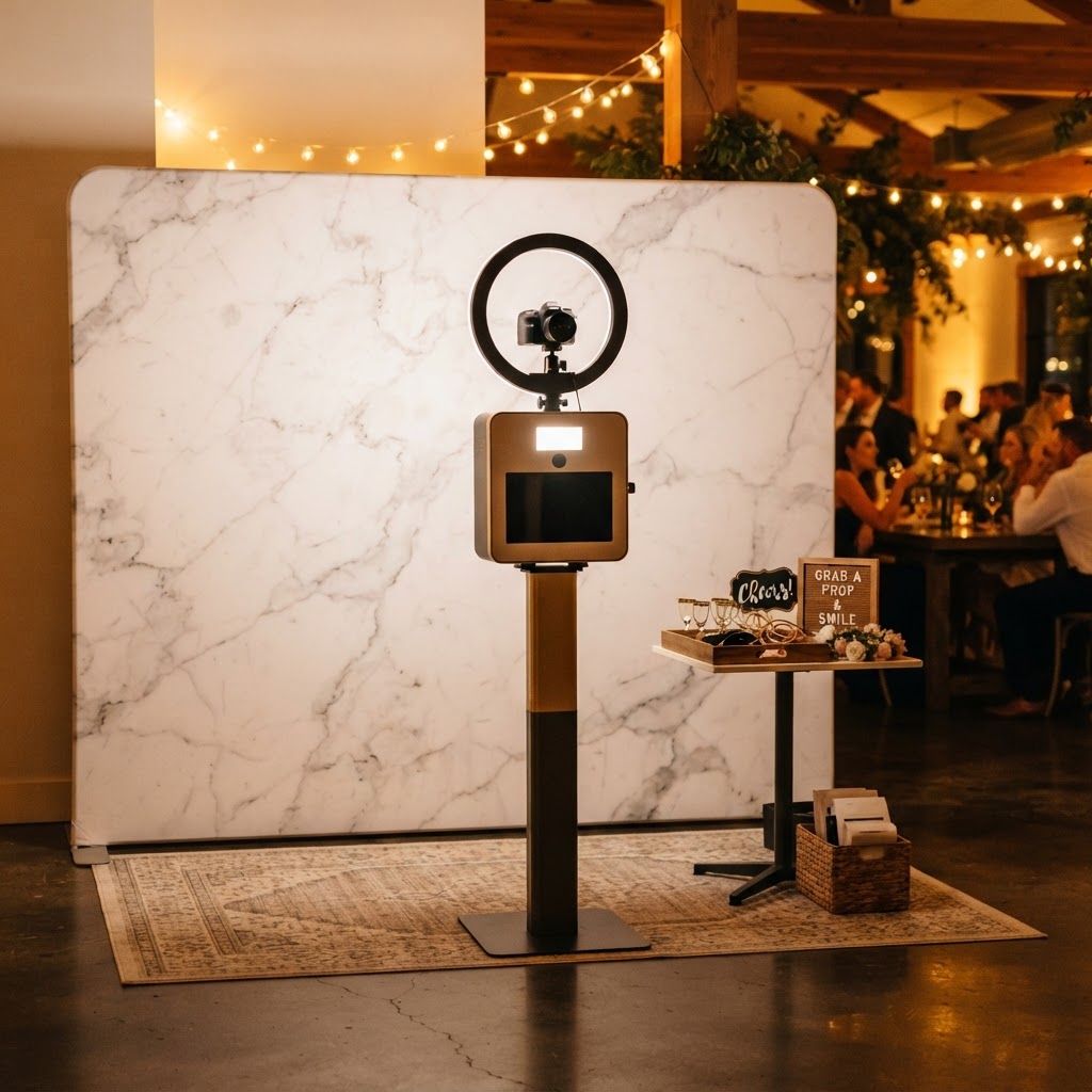 Open-air photo booth with a white marble backdrop set up at an Iowa wedding reception.