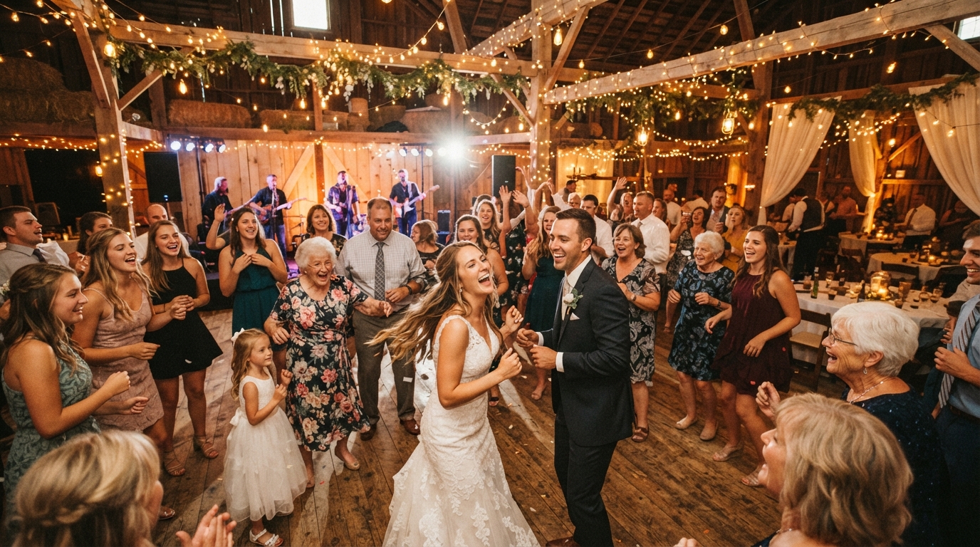 Packed wedding reception dance floor at an Iowa venue, guests of all ages dancing under warm string lights