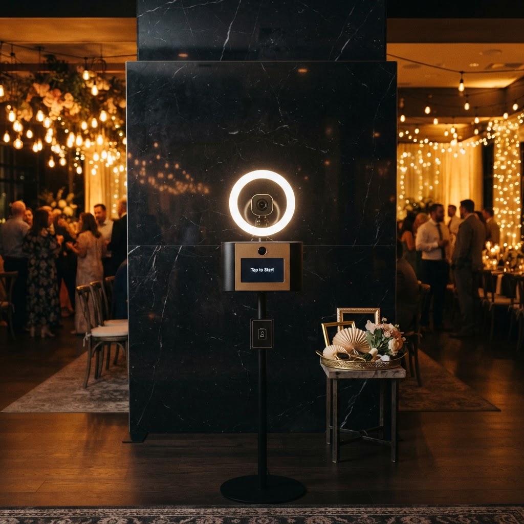 Open-air photo booth with a black marble backdrop at an Iowa event.