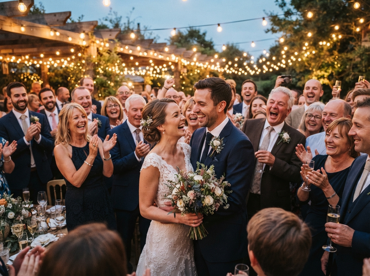 Bride and groom laughing together with guests