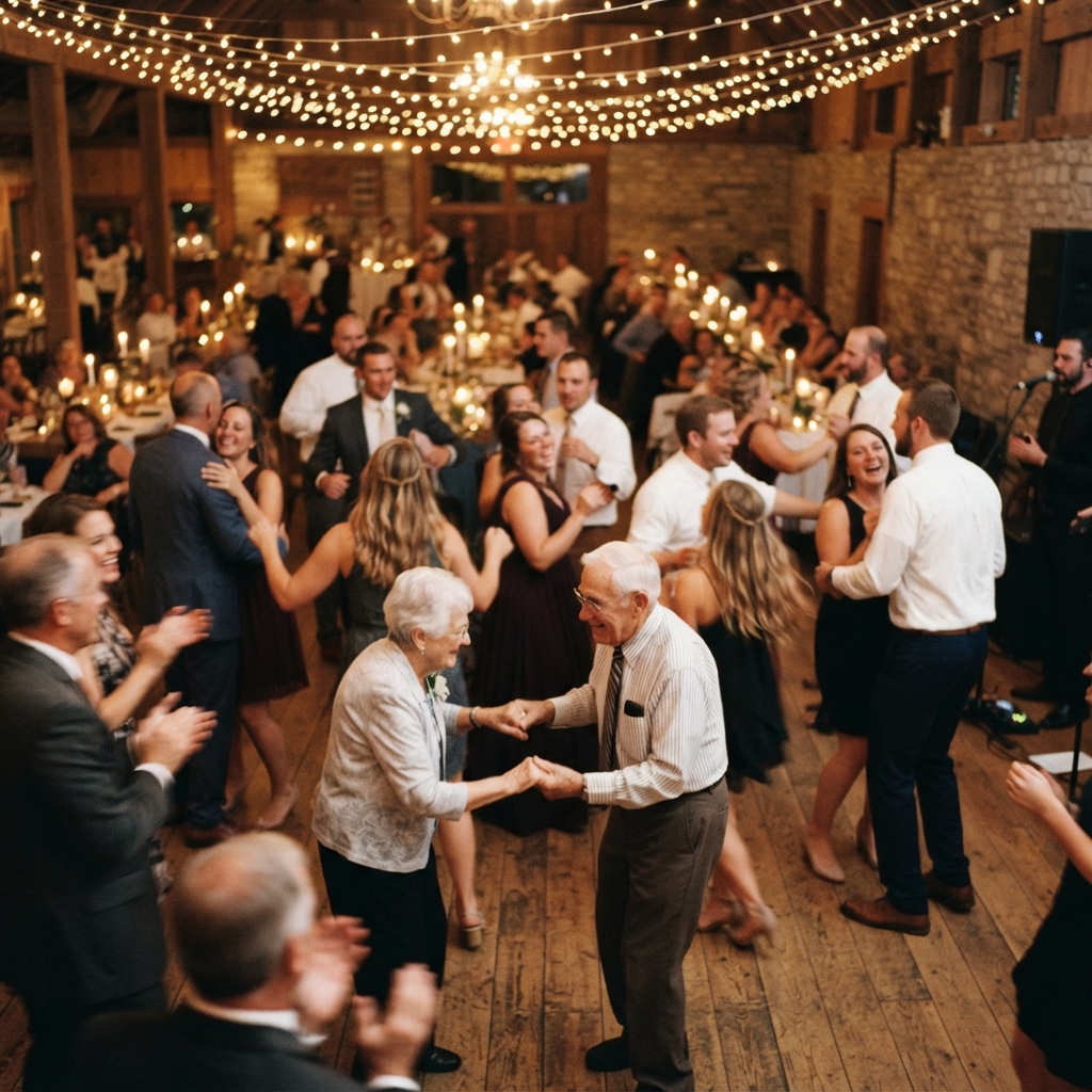 Full dance floor at an Iowa wedding reception under warm string lights