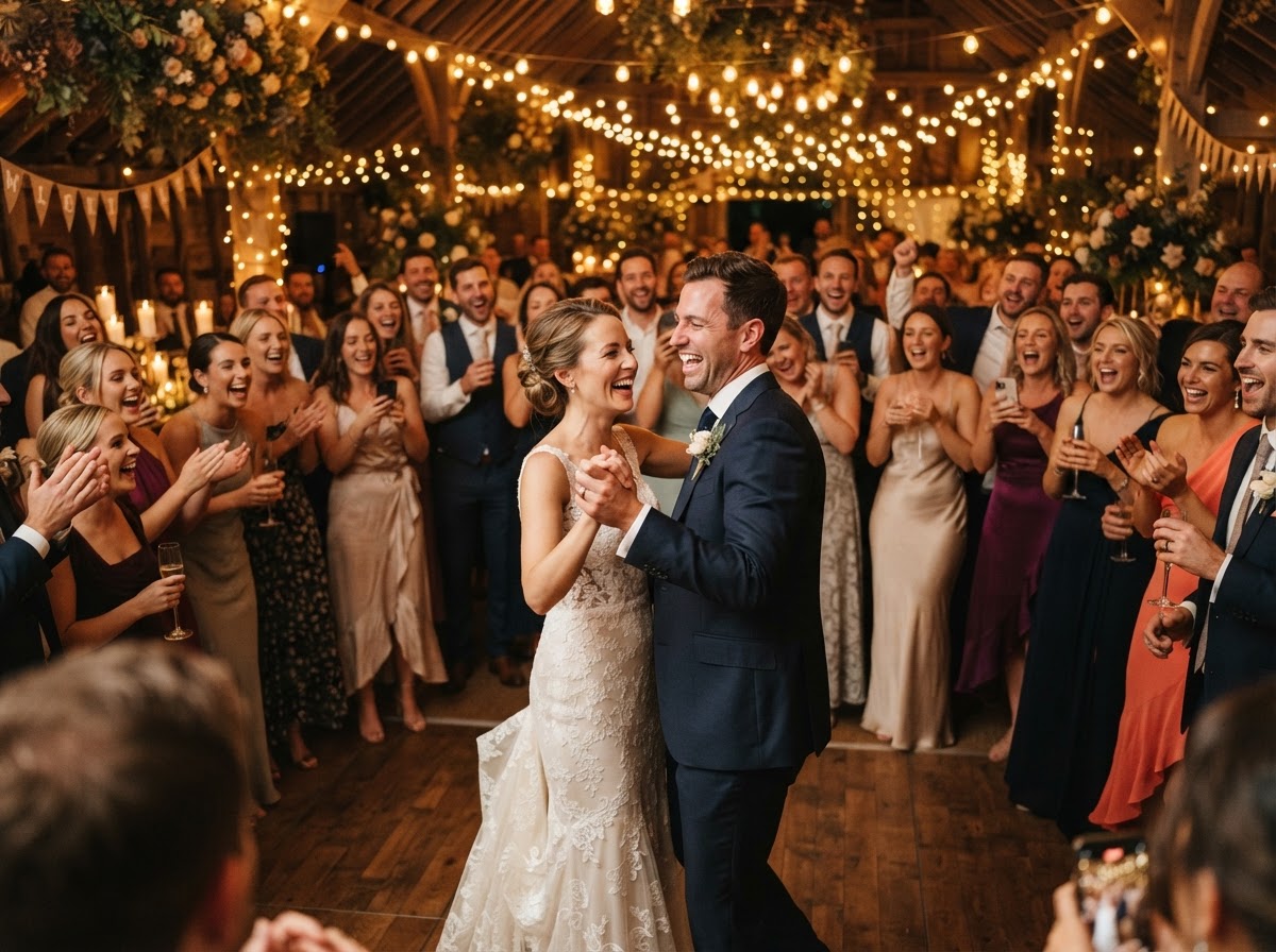 Warm candid wedding dance moment surrounded by joyful guests