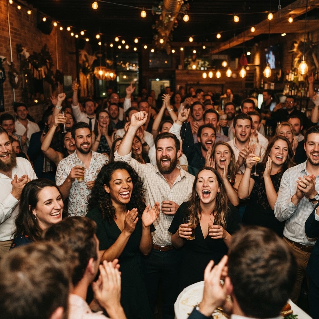 Wedding guests cheering and laughing during a custom reception moment in Iowa