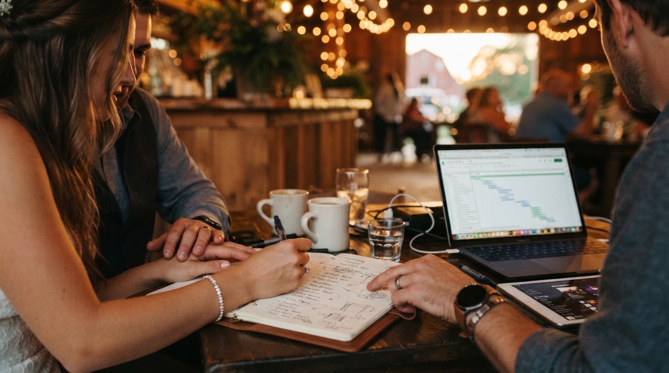 Couple planning their Iowa wedding timeline with their DJ during a planning session