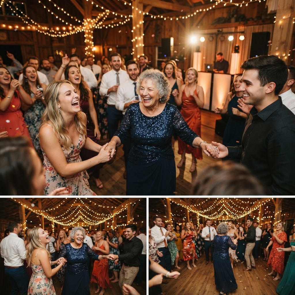 Grandmother and younger guests dancing together on a full Iowa wedding dance floor