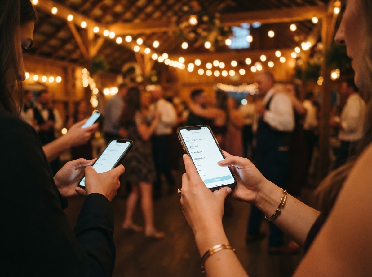 Guests requesting songs from their phones on a live request platform at an Iowa wedding