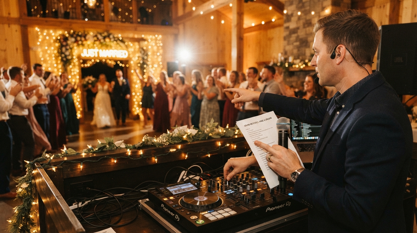 Wedding MC cueing a grand entrance from behind the booth at an Iowa reception, shown in profile
