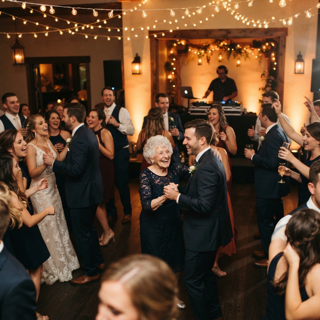 Warm golden-hour wedding dance floor with guests dancing and a DJ booth in the background