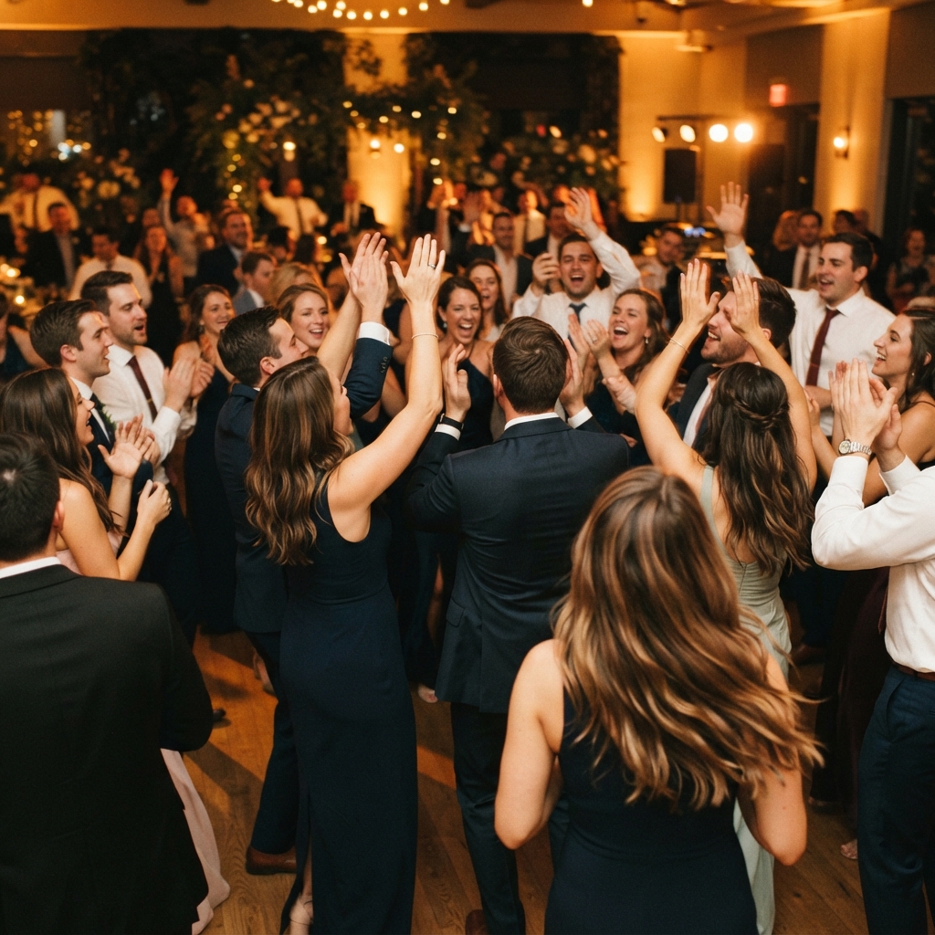 Guests dancing with hands raised at an Iowa celebration in warm evening light
