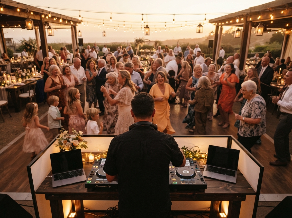 Wedding DJ reading a full Iowa dance floor from the booth as guests of all ages dance under warm string lights