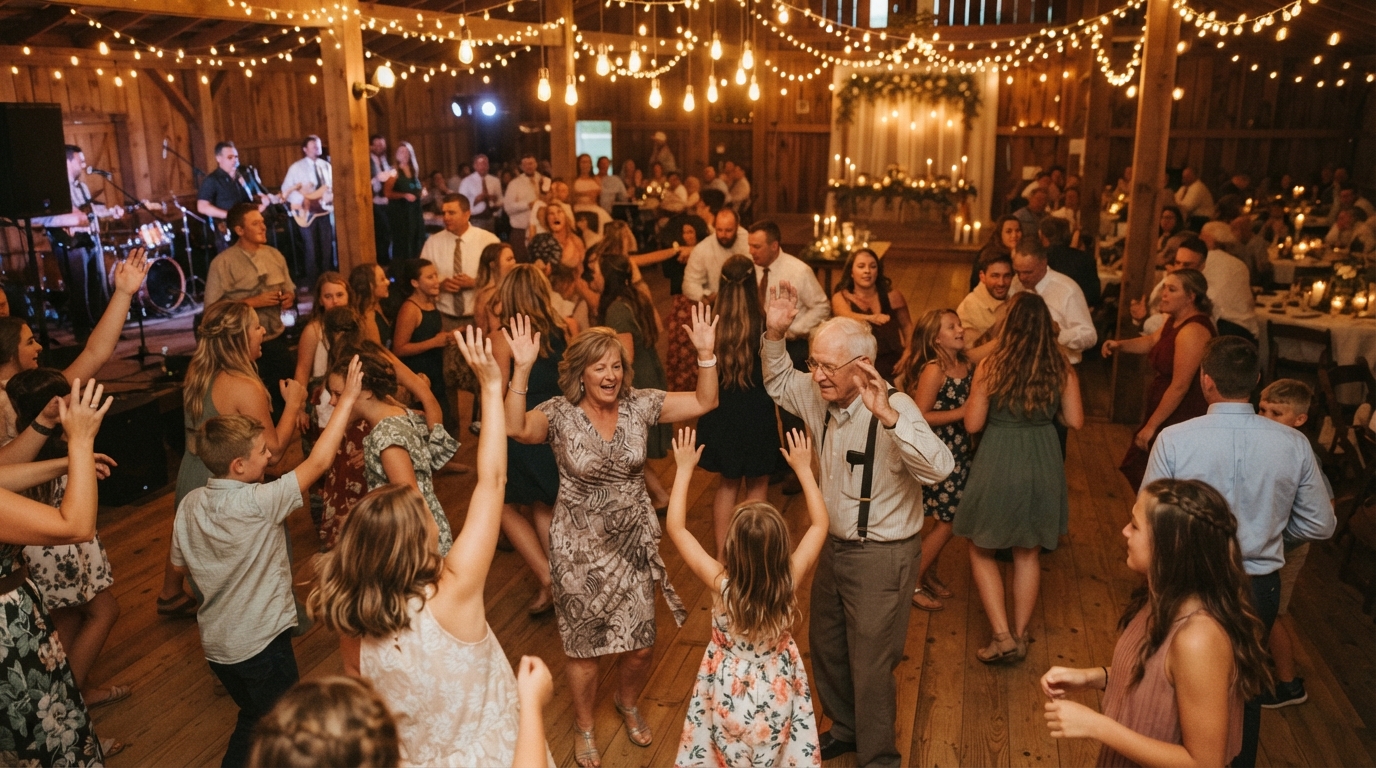 Full multi-generation reception dance floor at an Iowa wedding
