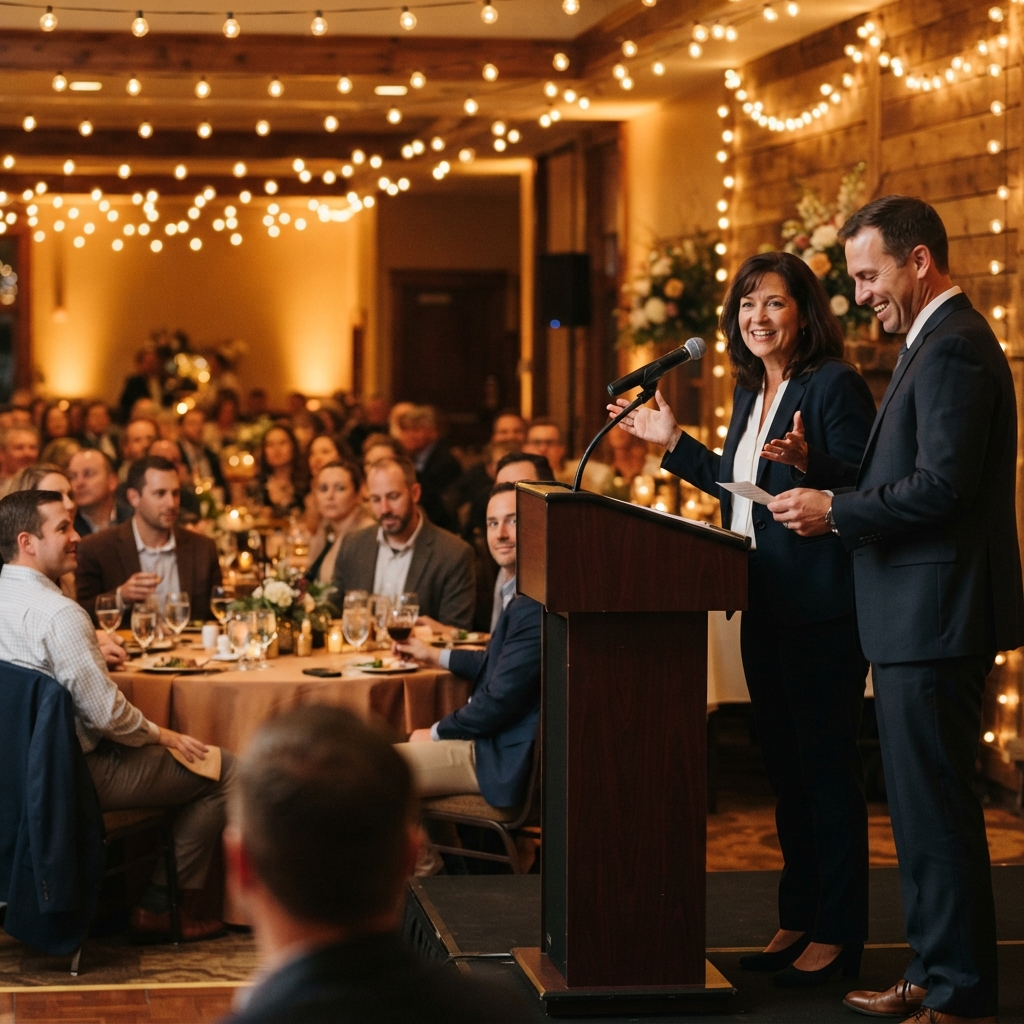 Corporate event MC cueing the program at an Iowa company celebration