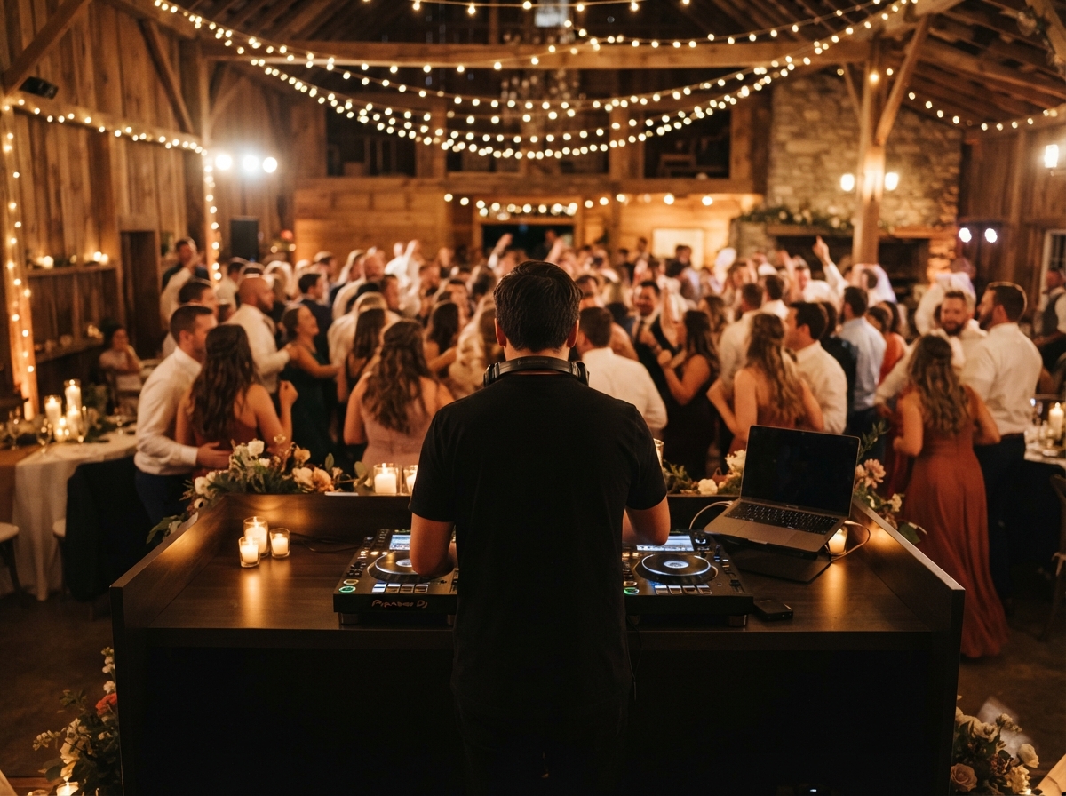 DJ working from behind at warm wedding reception facing packed floor