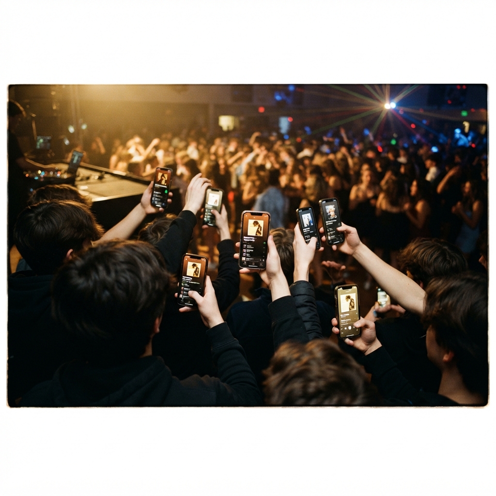 Students requesting songs on their phones during a school dance, crowd-anonymized