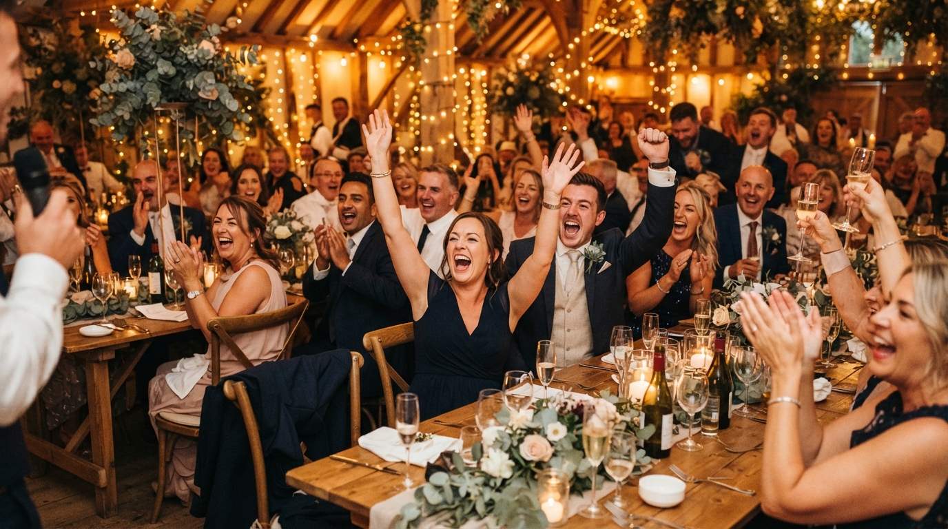 Wedding guests laughing during a custom reception moment on the dance floor