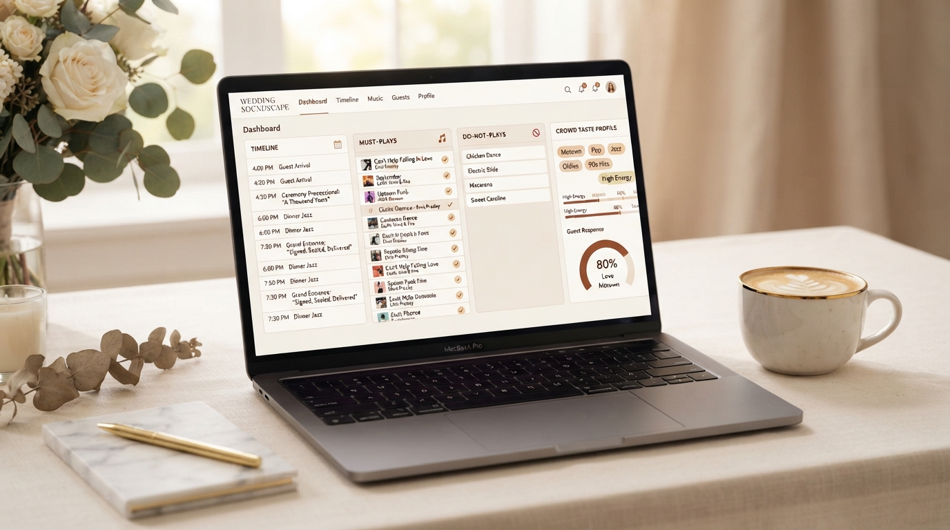 Collaborative wedding planning portal showing timeline, must-plays, do-not-plays, and a crowd taste profile