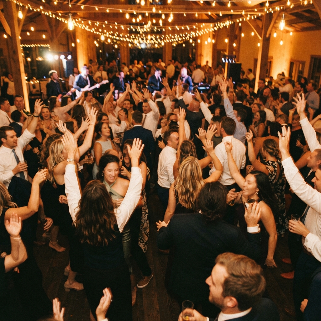 Guests with hands raised on a full dance floor at an Iowa wedding reception