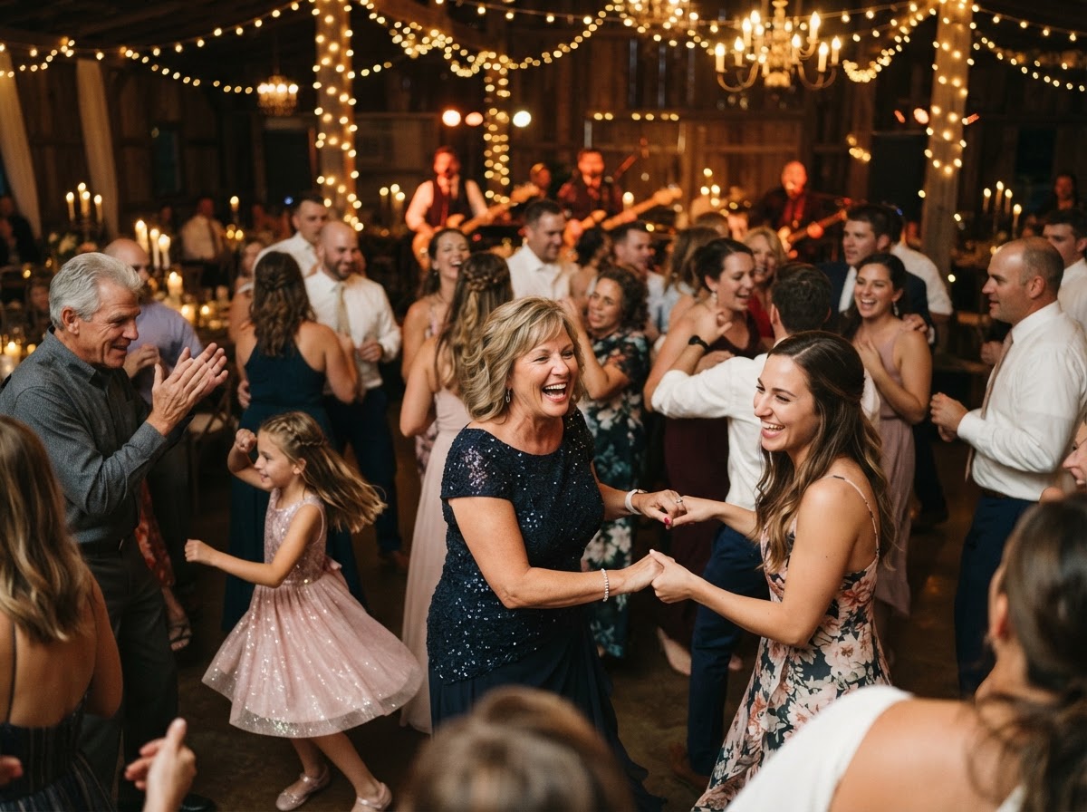Packed wedding dance floor at an Iowa reception in warm golden light