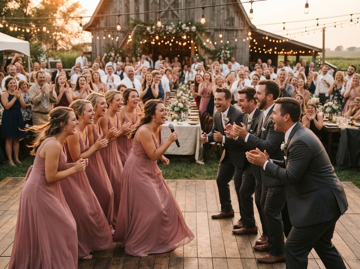 Wedding party competing in a bridesmaids-versus-groomsmen game show at a reception