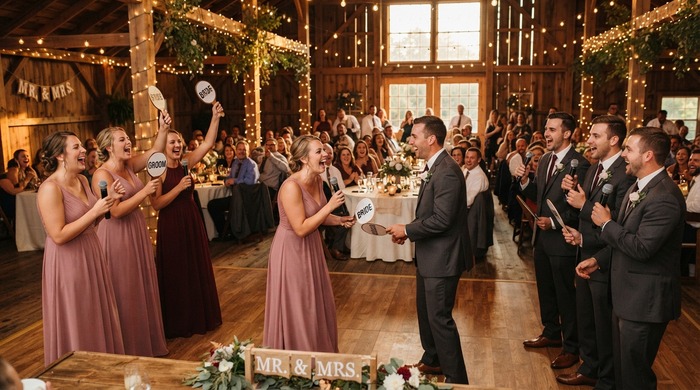Bridesmaids and groomsmen facing off in a live reception game show as guests cheer