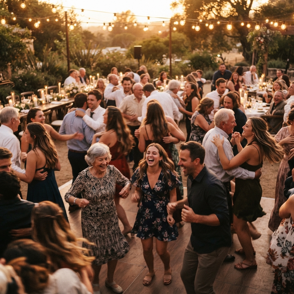 Multigenerational wedding dance floor filling up at an Iowa reception under warm golden lighting