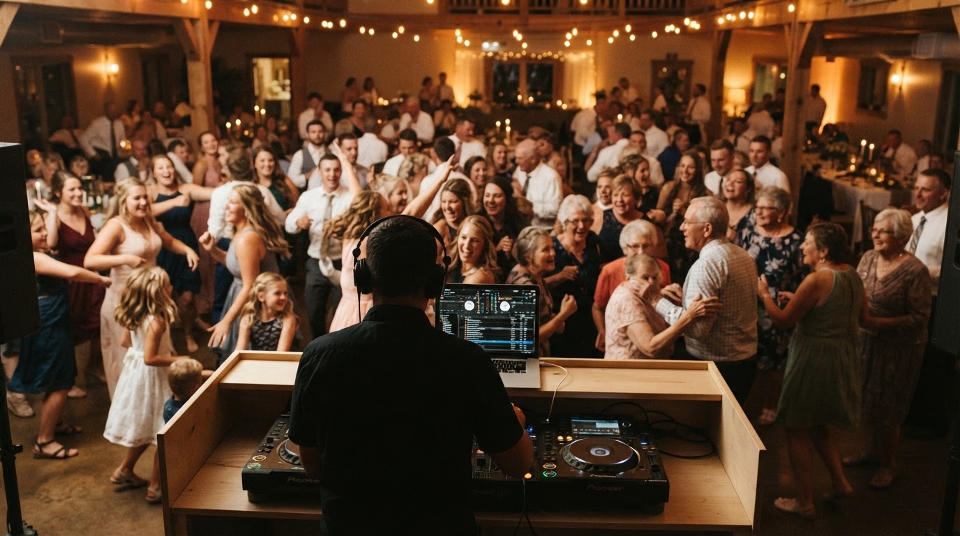 Open-format wedding DJ reading a full Iowa dance floor as guests dance