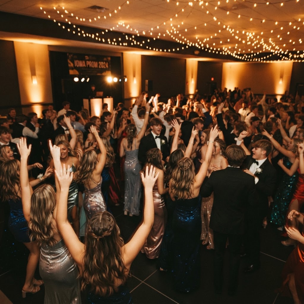 High-energy prom dance floor in Iowa, crowd-anonymized wide angle with hands raised