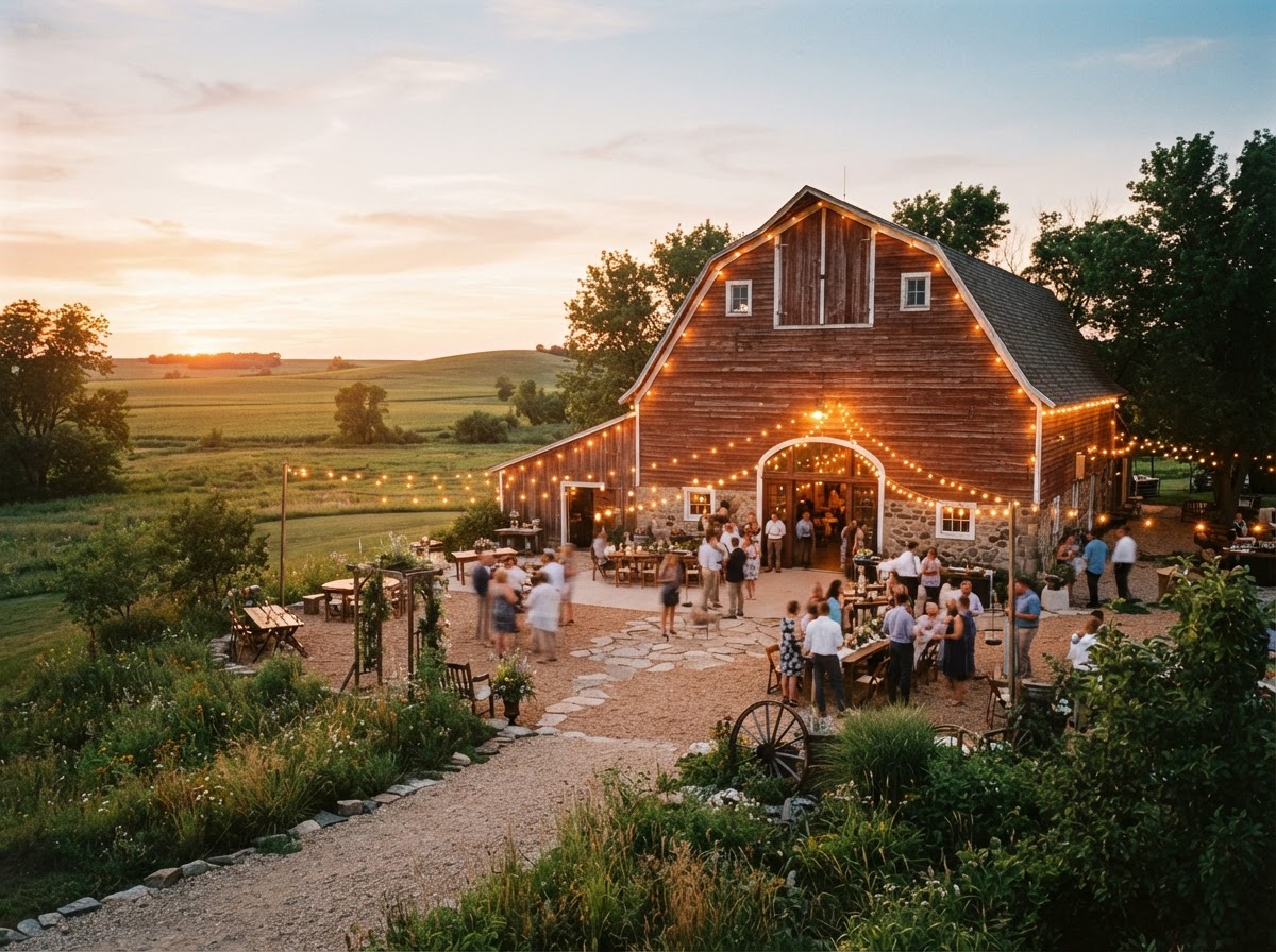 Golden-hour exterior of an Iowa barn wedding venue