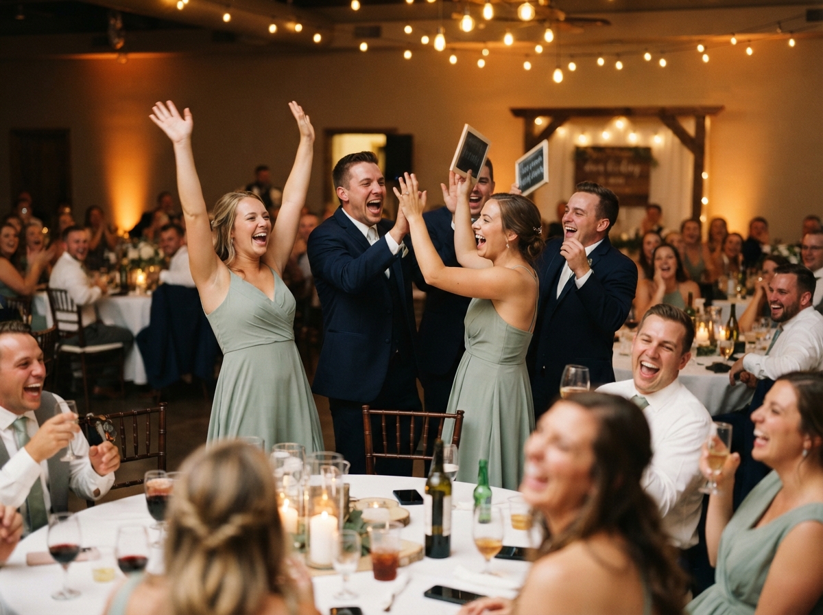 Guests erupting in laughter during a live game show at an Iowa wedding reception