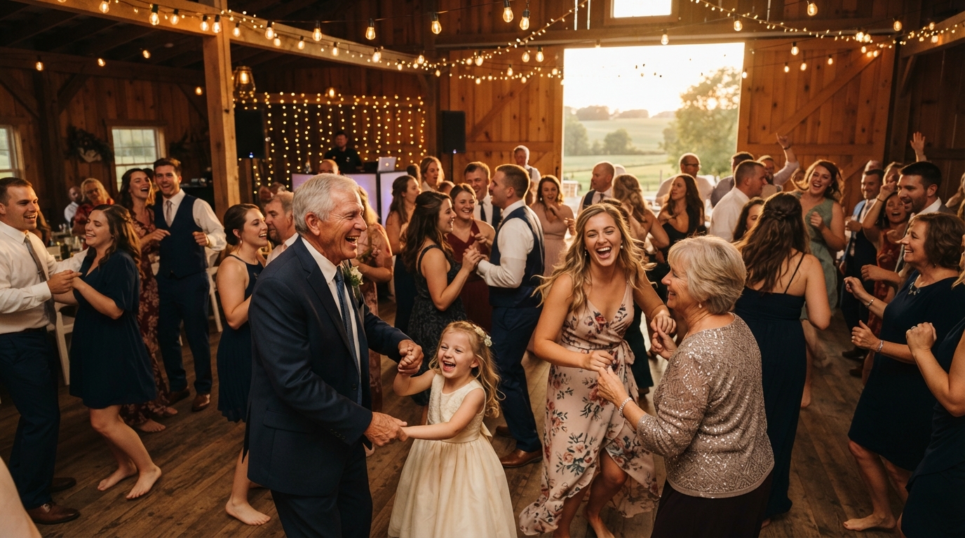 Multi-generational wedding guests filling the dance floor under warm string lights at an Iowa reception