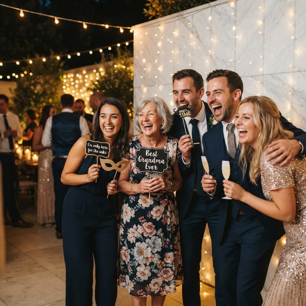 Wedding guests laughing together at Iowa Event DJ's open-air photo booth against a white marble backdrop at an Iowa reception.