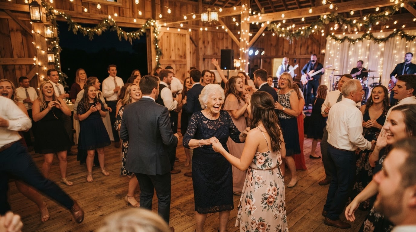 Iowa wedding reception dance floor at golden hour with multiple generations dancing under warm lights