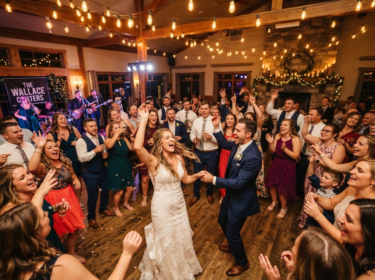 Packed dance floor erupting under string lights