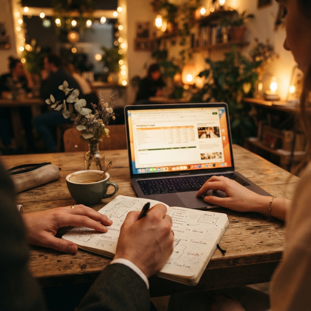 Wedding planning notes and timeline on a table with warm string-light ambience