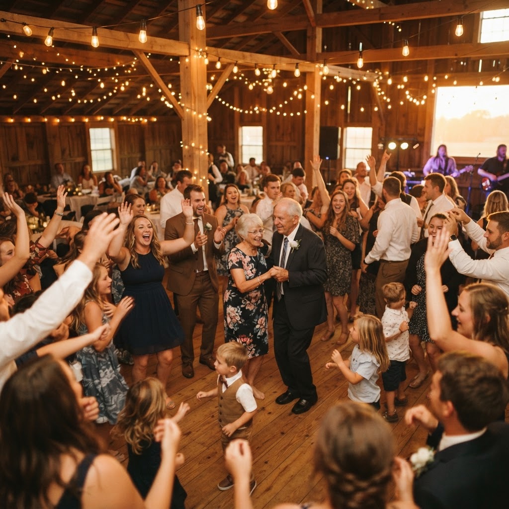 Packed multigenerational wedding dance floor at an Iowa reception under warm string lights
