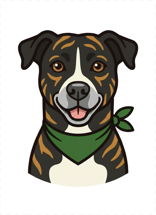 Rocky the mascot dog, mouth open and happy in a green bandana
