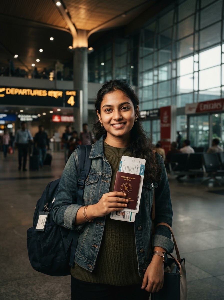 Bangladeshi student holding passport and travel documents