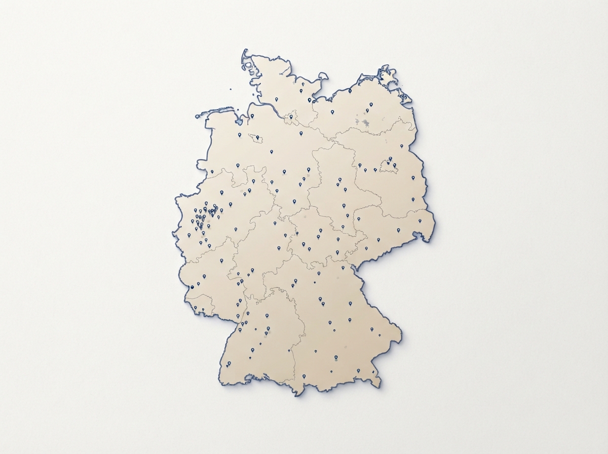 Deutschlandkarte mit Pins auf ländlichen Regionen und Kleinstädten – FinTech-Vergleich für Kleinunternehmer bundesweit