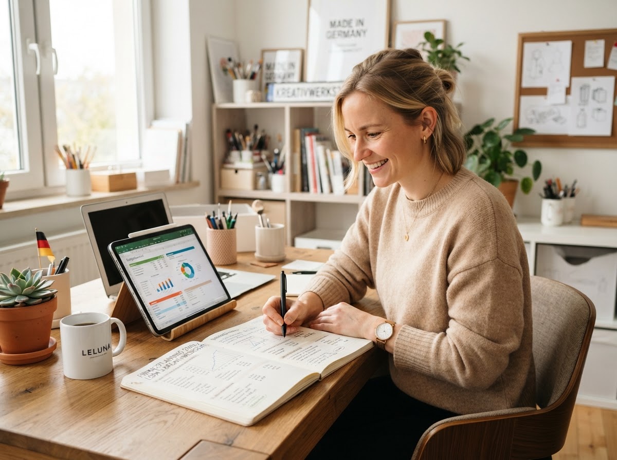 Unternehmerin im Büro mit Übersicht über Unternehmensfinanzen und Businesskonto-Vergleich