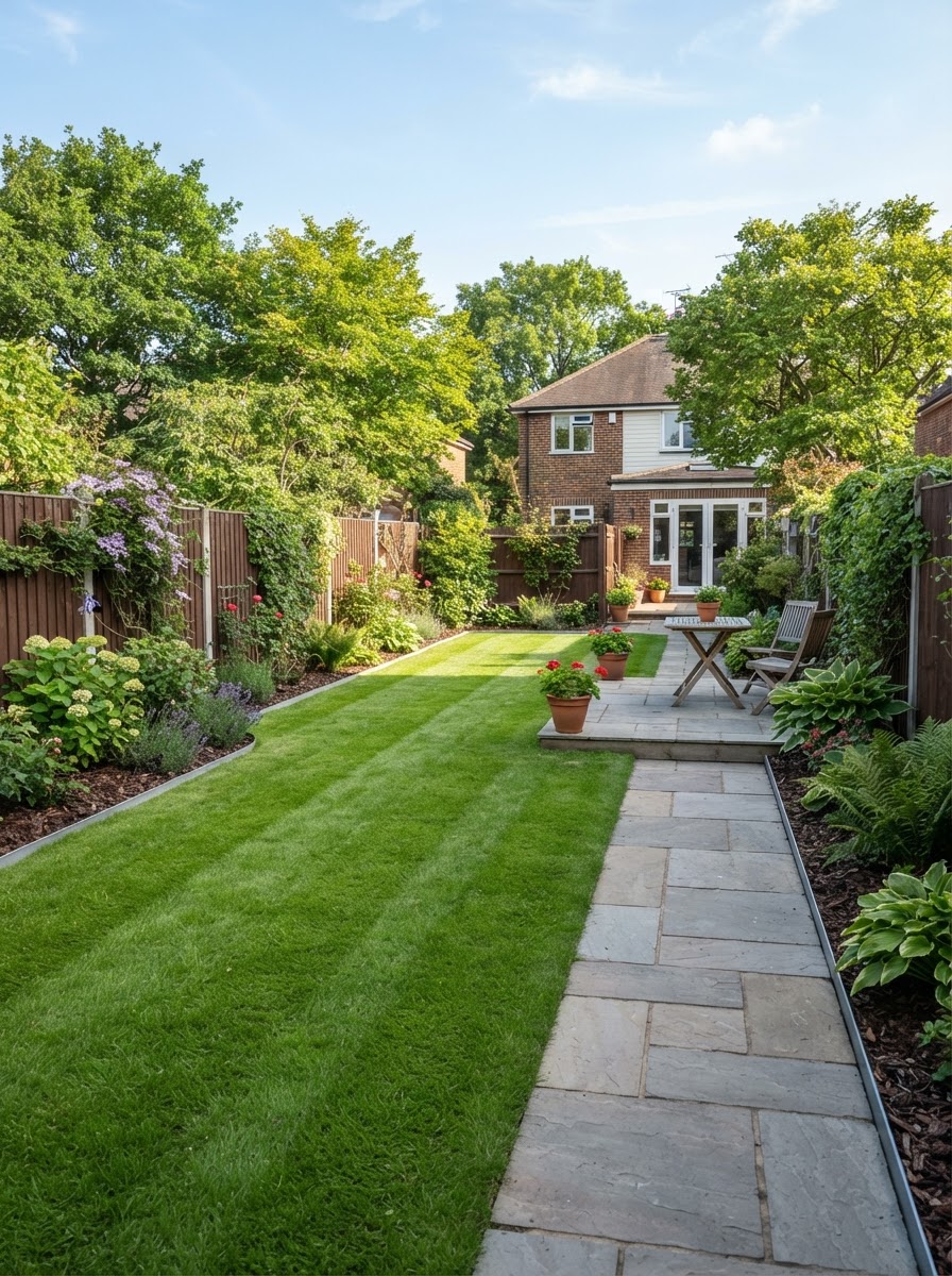 A backyard that has just been cleaned up and tidied