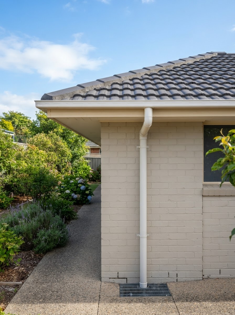 A clean cleared gutter along a single storey roofline with downpipe visible