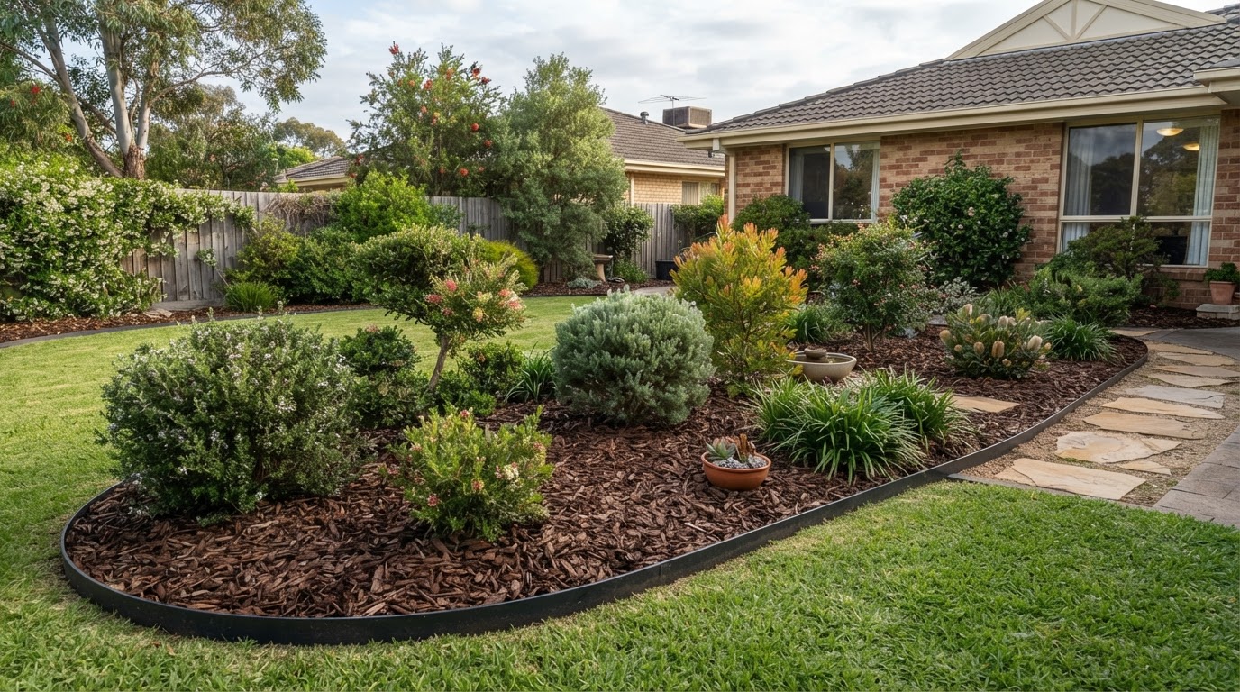 Tidy mulched garden bed with defined edges in Sunshine Melbourne's west