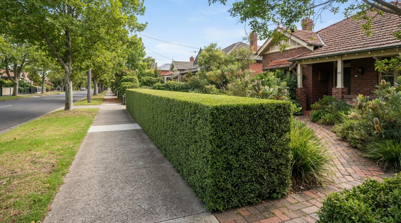 Sharply squared hedge running along a property boundary in Deer Park Melbourne's west