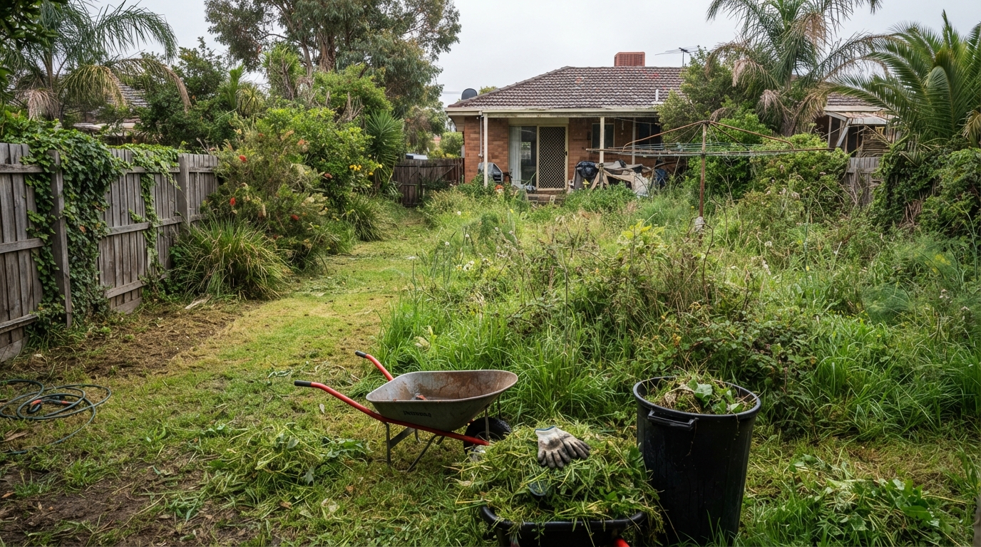 Overgrown suburban backyard mid clean-up in St Albans Melbourne's west