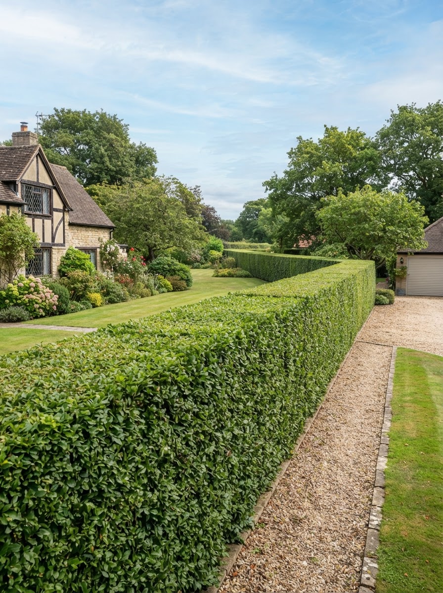 A well maintained hedge with straight cut top and faces